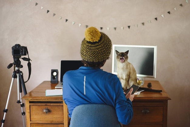 Man working at home with his cat