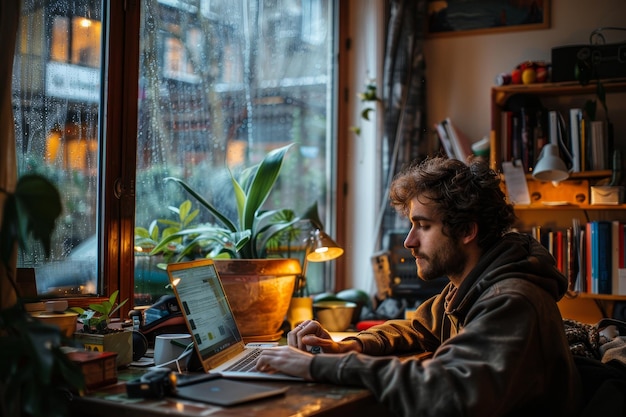 Man Working on Laptop by a Rainy Window