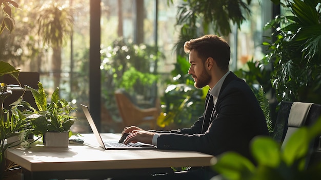 a man working on a laptop in a cafe with a plant in the background