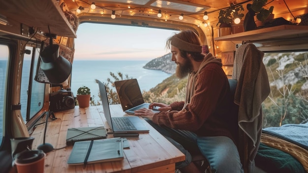 Photo man working on laptop in a converted van overlooking the sea