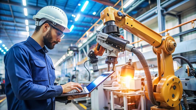 a man working on a laptop in a factory with a large robot on the screen