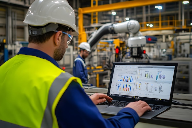 a man working on a laptop in a factory