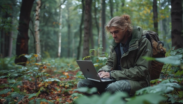 Man Working on Laptop in Forest