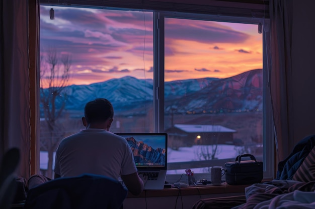 Man working on laptop in home with mountain view