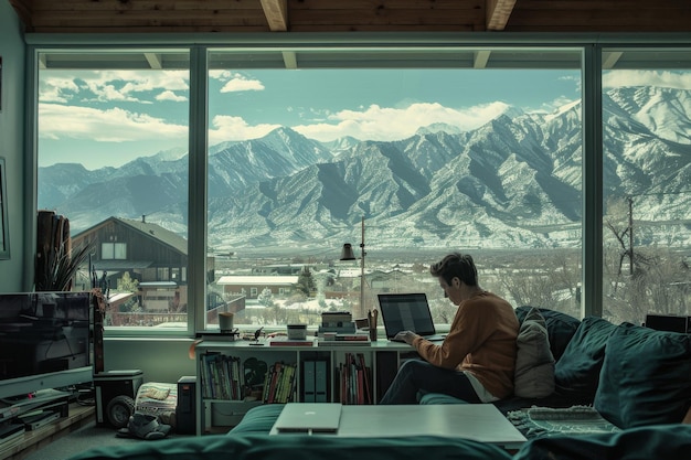 Man working on laptop in home with mountain view