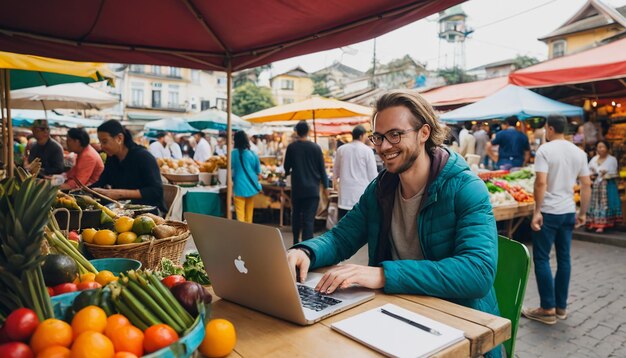 Photo a man working on a laptop in a market