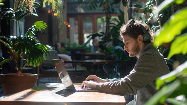 Photo a man working on laptop in outdoor cafe surrounded by greenery enjoying sunlight aig