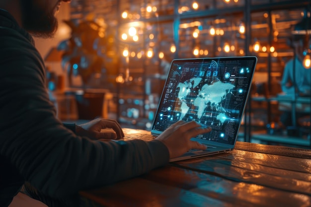 Man working on laptop in sunny office with cyber security background