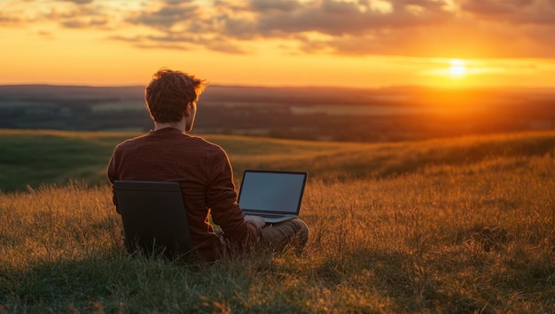 Man Working on Laptop at Sunset