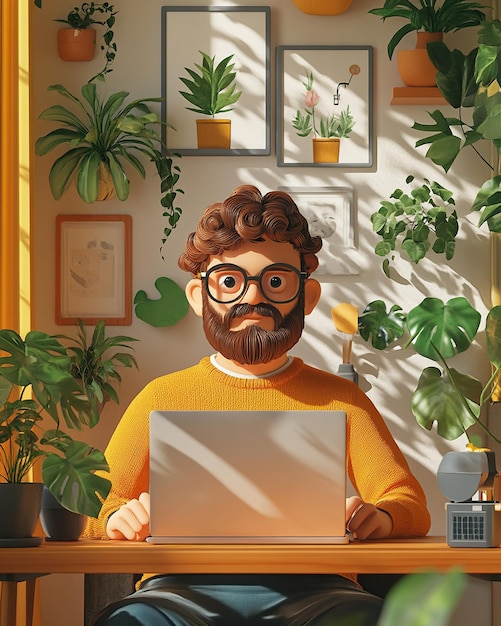 A man working on a laptop surrounded by plants in a cozy workspace perfect for remote work and home office themes