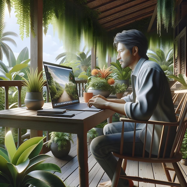 Man working on laptop on a tropical patio with lush greenery