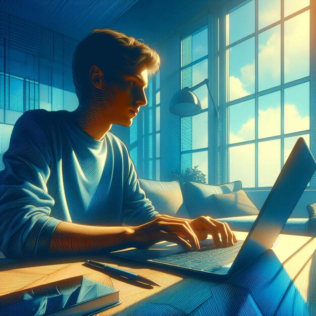 a man working on a laptop with a blue background with a man working on it