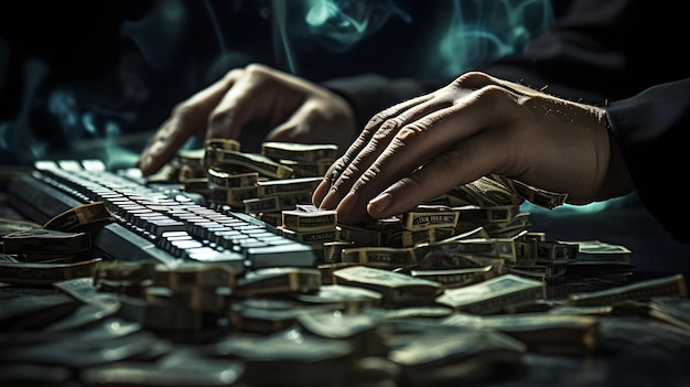 A man working on laptop with some money