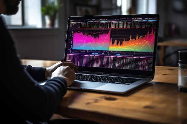 Man working on laptop with stock market chart on screen Investment and trading concept