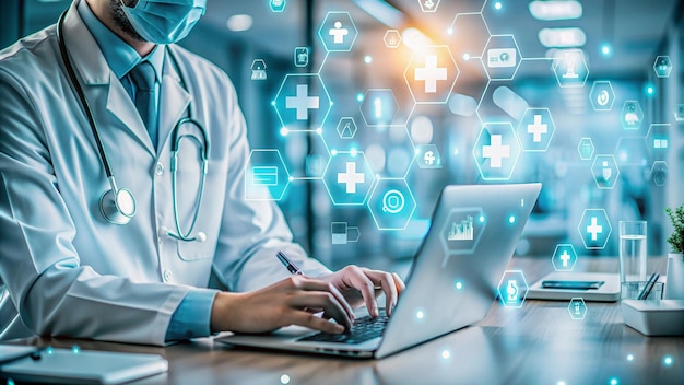 a man working on a laptop with the words medical on the screen