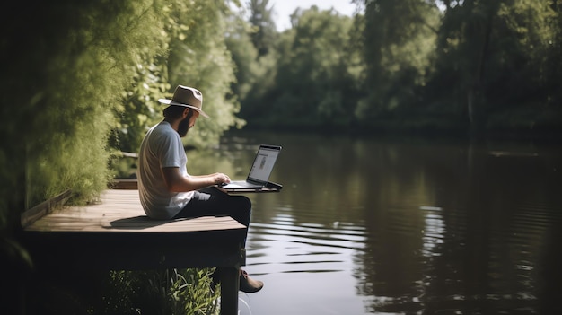 Photo man working on laptop on wooden dock by tranquil lake nature and work