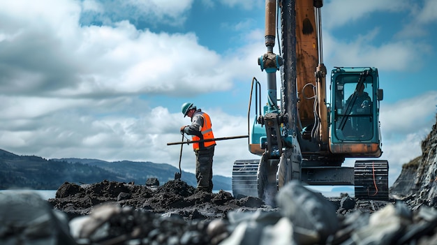 a man working on a large excavator in a field