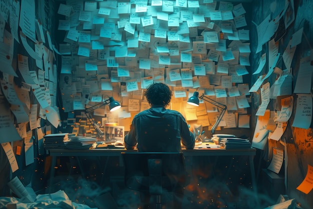 A man working late at night in a room covered in postit notes