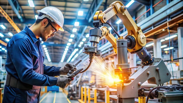 a man working on a machine with a drill in the background