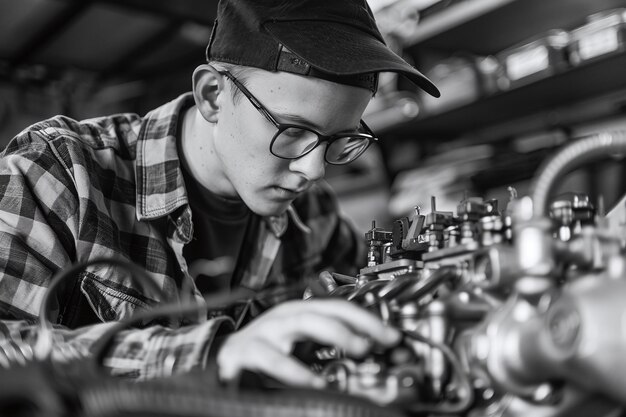 Photo a man working on a machine with a hat on