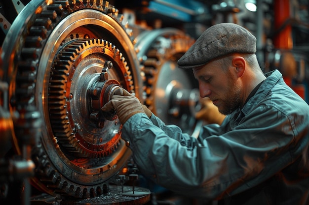 a man working on a mechanical device with the hands on the gears