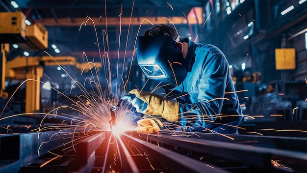 a man working on a metal object with the sparks in the background