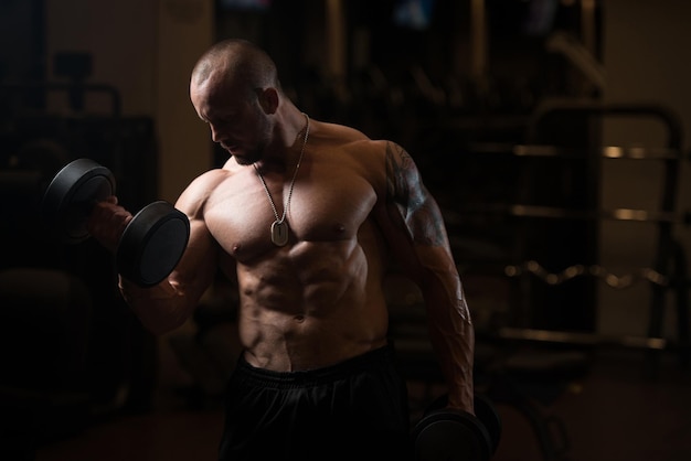 Man Working Out Biceps In A Dark Gym  Dumbbell Concentration Curls