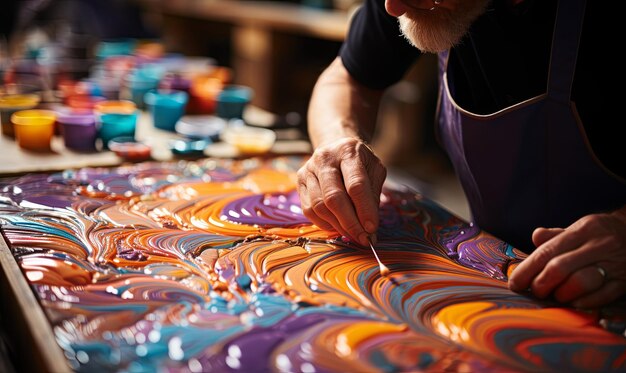 Man Working on Painting at Table