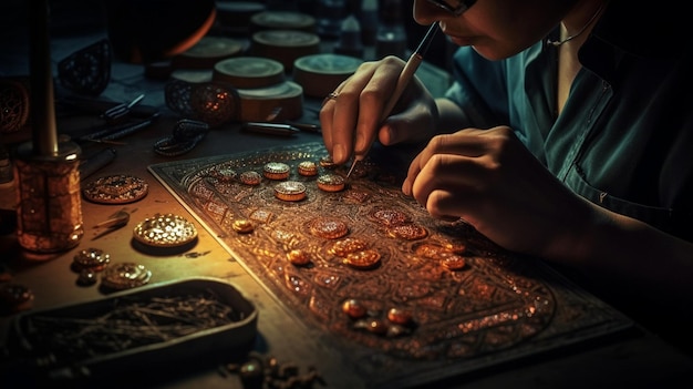 A man working on a piece of jewelry with a light shining on it.