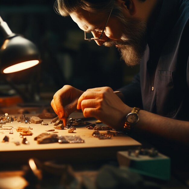 a man working on a piece of metal with a watch on it.