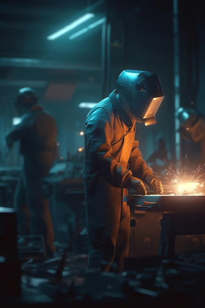 A man working on a piece of metal with a welding mask on his head.