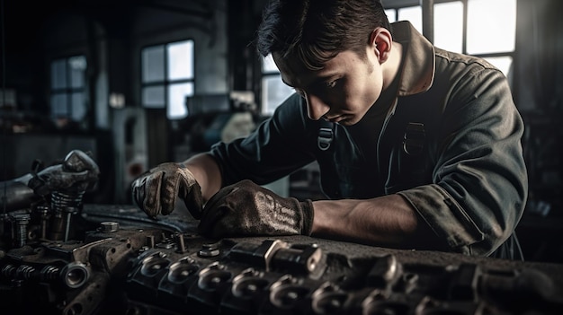 A man working on a piece of metal in a workshop Generative AI