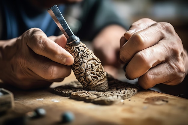 A man working on a piece of pottery with a face on it