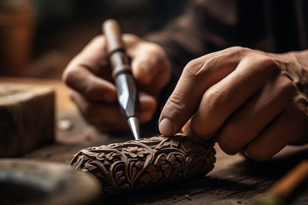 A man working on a piece of wood with a carved handle