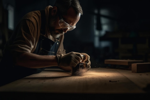 A man working on a piece of wood with a light on the background