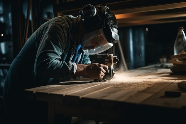 A man working on a piece of wood with a welding machine in the background