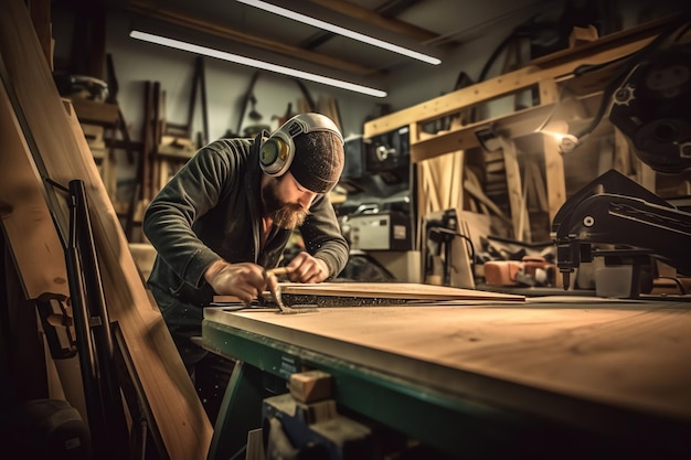 A man working on a piece of wood in a workshop