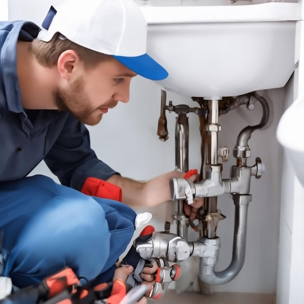 a man working on a pipe with the screwdrivers on it