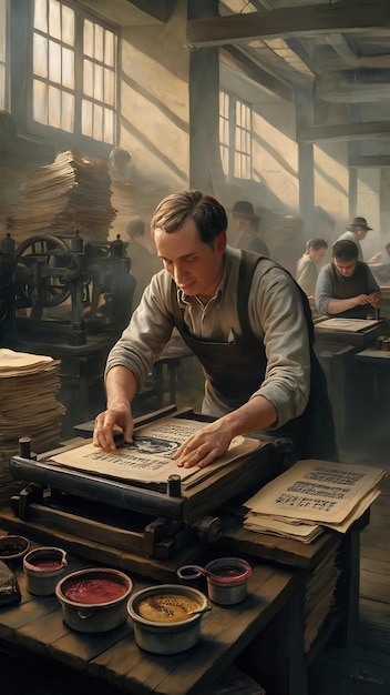 Man working in printing house with paper and paints