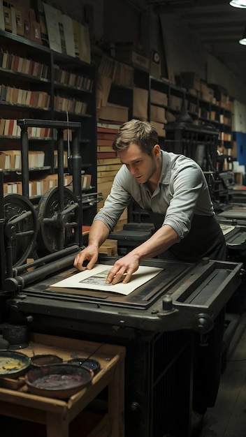 Man working in printing house with paper and paints