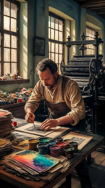 Man working in printing house with paper and paints