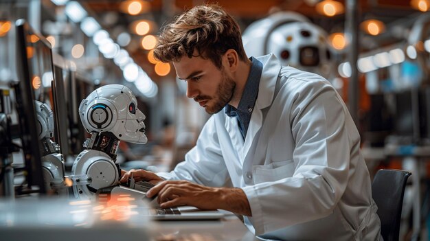 a man working on a robot with a robot in the background