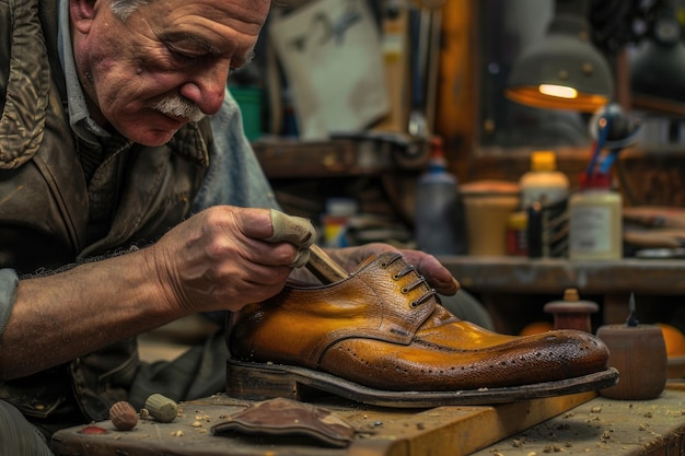 A man working on a shoe in a workshop Ideal for shoemaking industry concepts