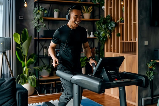 Photo man working on treadmill at home office multitasking fitness and productivity