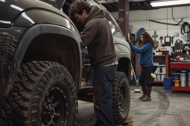 A man working on a truck replacing tires inside a garage working together to replace the tires on a large SUV in a busy and noisy auto repair shop