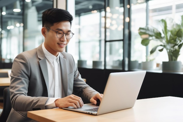 Man working with computer laptop on blur office background