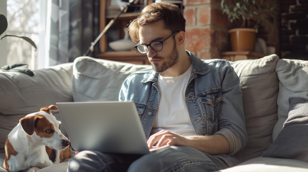 Man working with dog at home