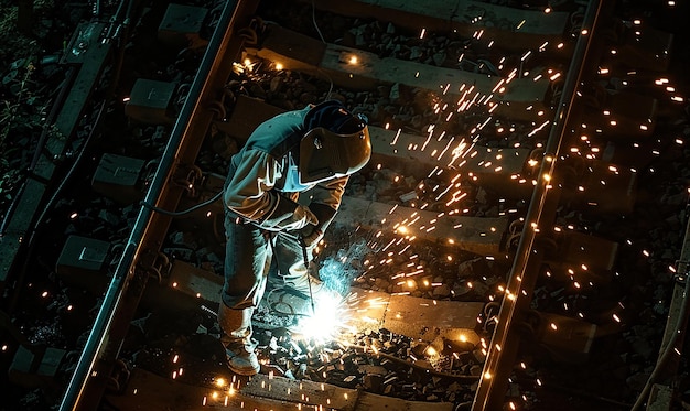 Photo a man working with a drill and sparks from a fire show