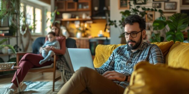 man working with laptop family in background Generative AI