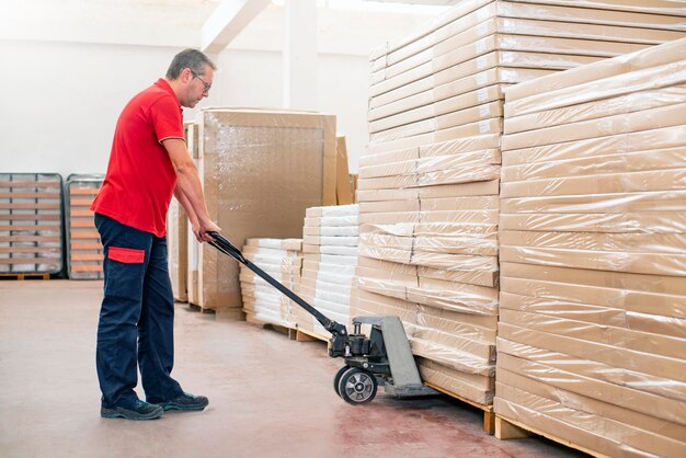 Photo man working with pallet jack in factory